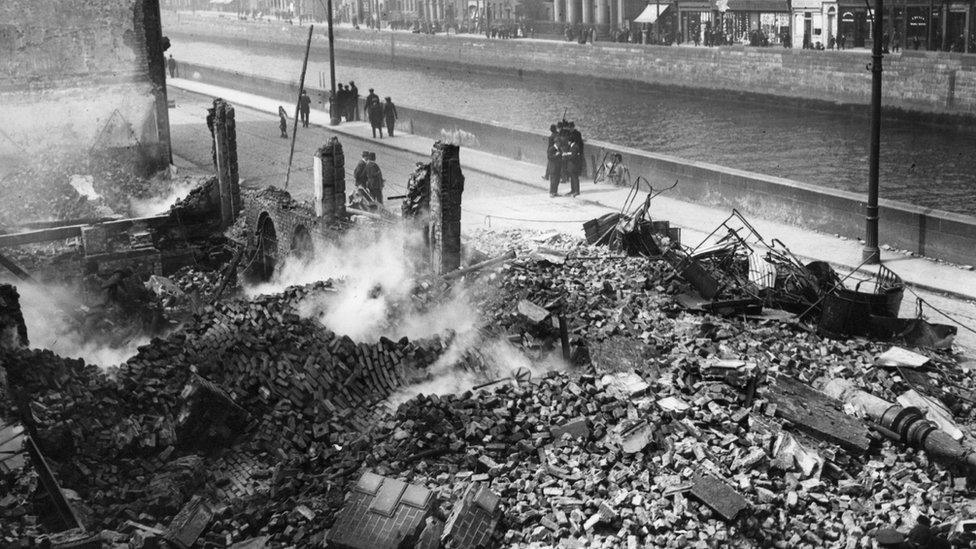 The smoking ruins of one of Dublins Quays