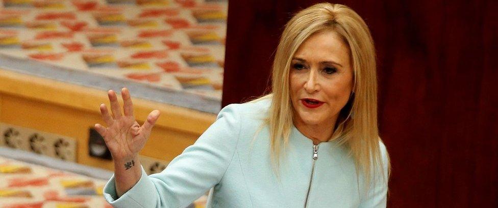 Cristina Cifuentes speaks in the Madrid regional assembly on 19 April