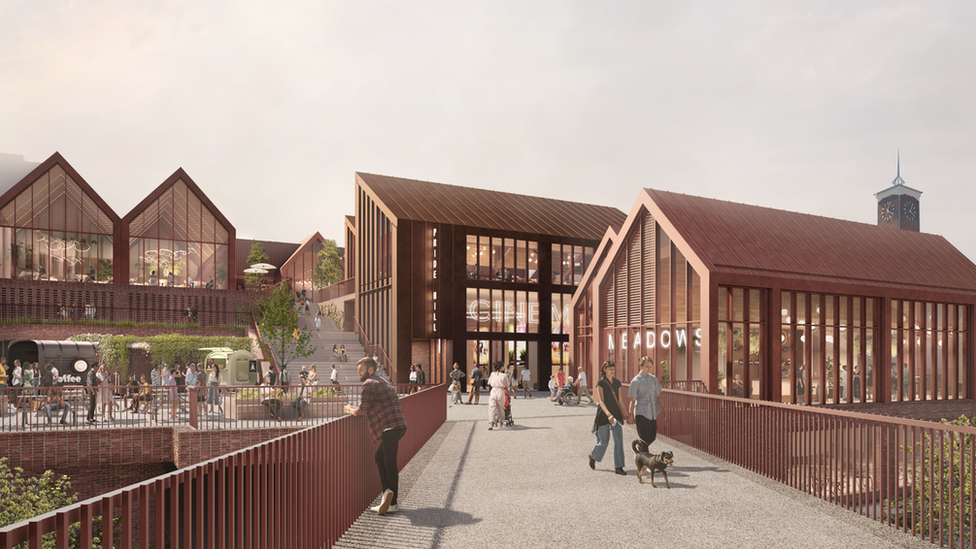 Pride Hill development, including a cinema, viewed from the new Raven Meadows Footbridge