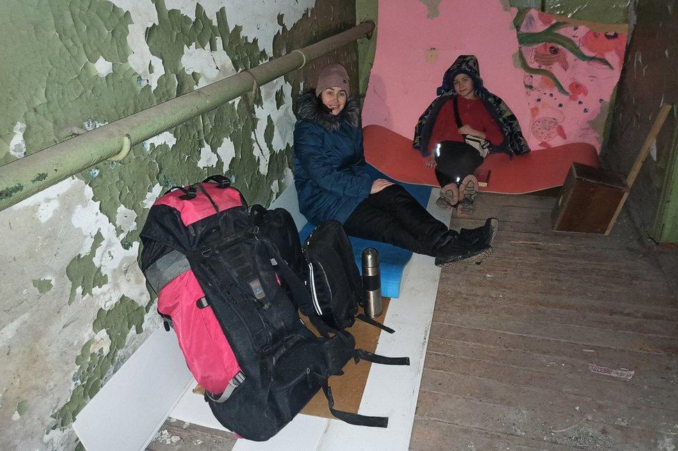 Iryna and ten-year-old son Nazar in a basement in Kharkiv