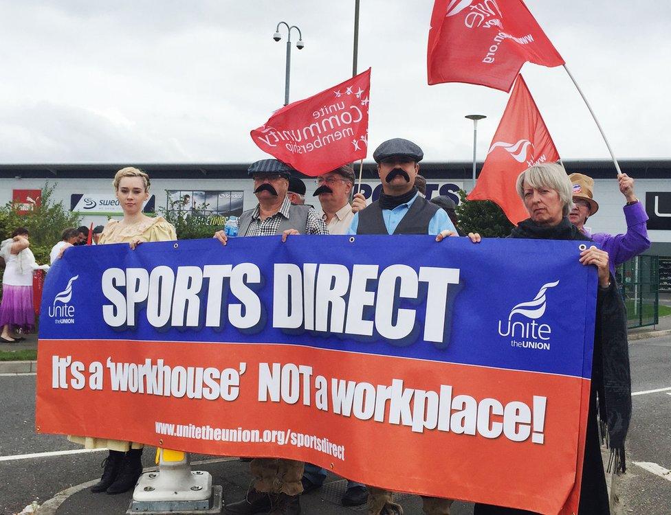 Unite union members outside Sports Direct's Annual General Meeting at their headquarters in Shirebrook, 9 September 2015