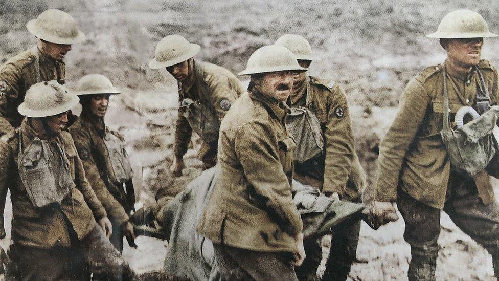 Soldiers at Ypres carrying a stretcher