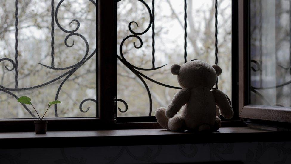 Teddy bear by a window