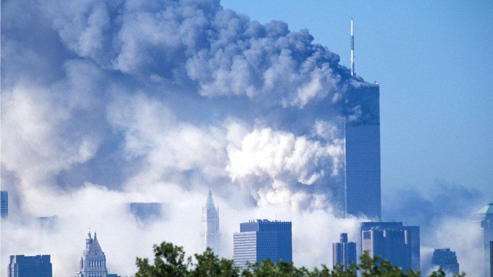 Two commercial jet liners crash into the World Trade Center, consequently causing both towers to implode and fall