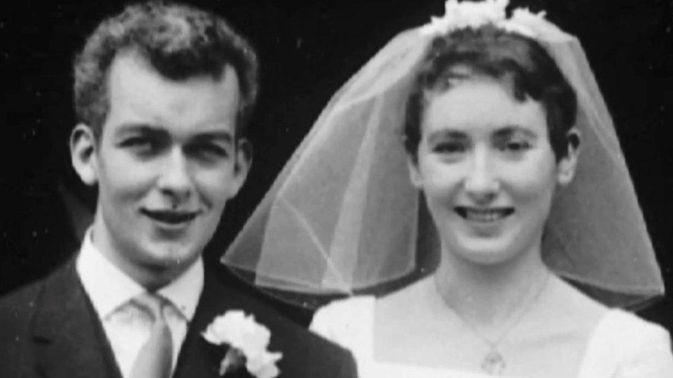 Andrew Davies and wife on their wedding day- a black and white photo