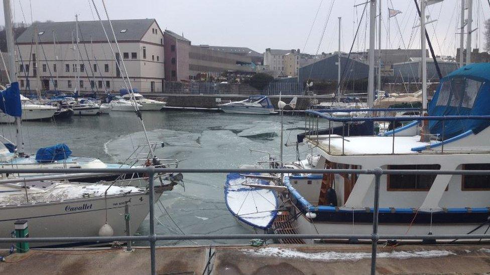 Victoria Dock in Caernarfon is starting to freeze over