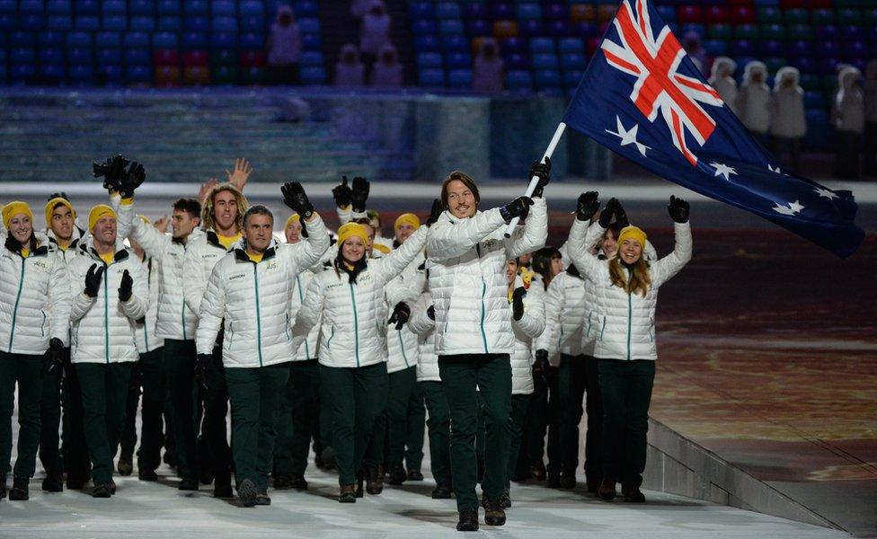 Alex Pullin leads the Australian team at the Opening Ceremony of the 2014 Winter Olympics