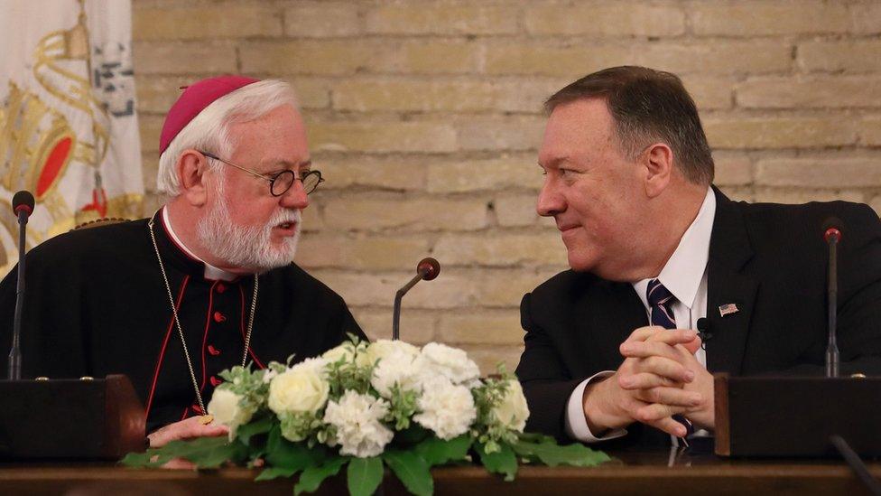 Archbishop Paul Gallagher with former US Secretary of State Mike Pompeo