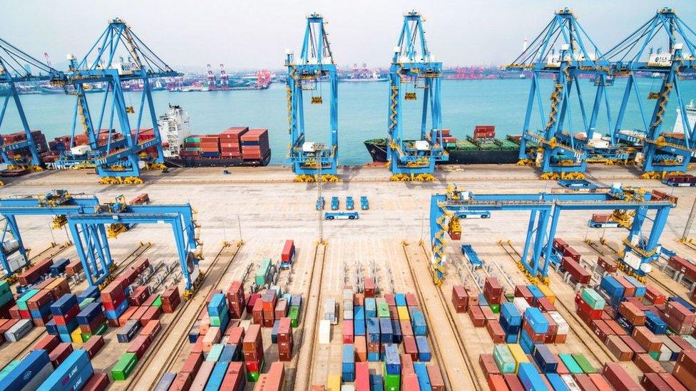 An aerial view of a port in Qingdao in China's eastern Shandong province on March 8, 2019