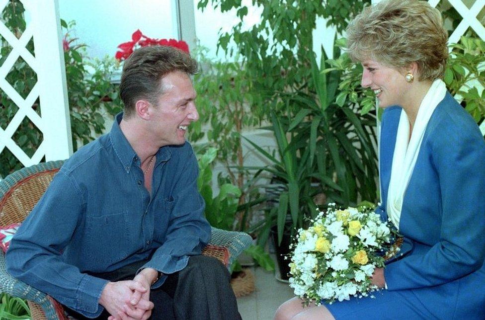 Princess of Wales meeting patient Michael Kelly at Mildmay Hospital in east London, 20 November, 1991