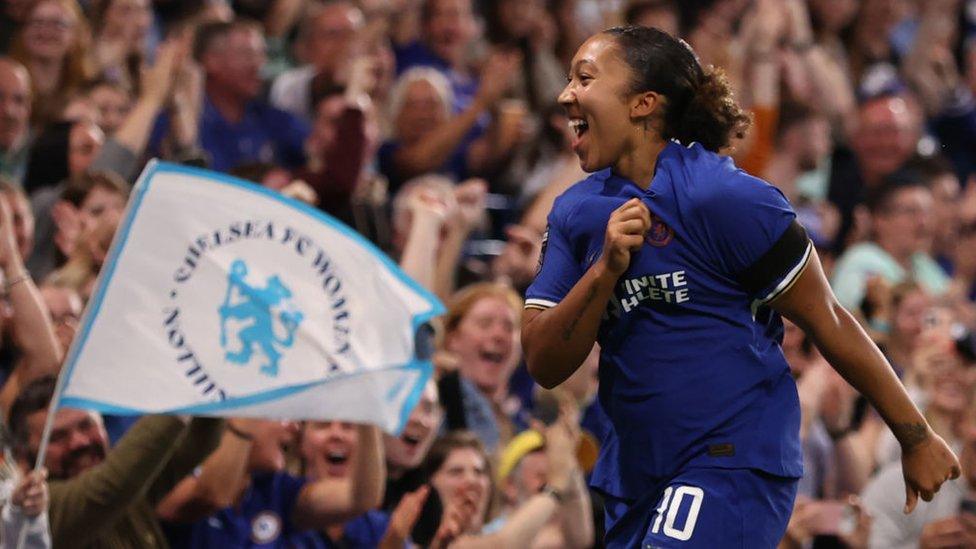 Lauren James celebrating after scoring for Chelsea