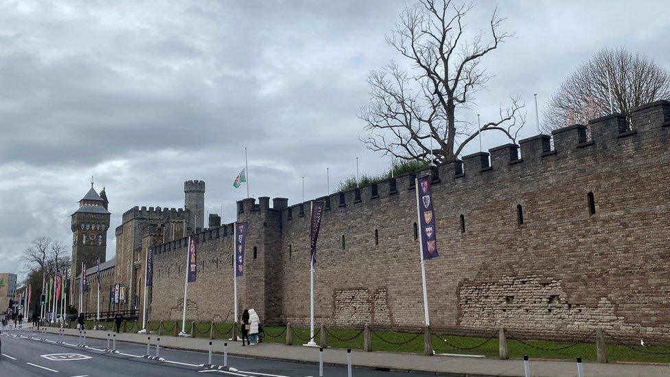 Flags at half mast outside Cardiff Castle