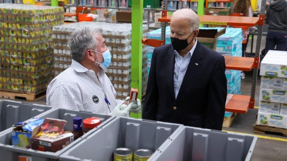 Mr Biden toured the Houston Food Bank, the largest food bank in the nation