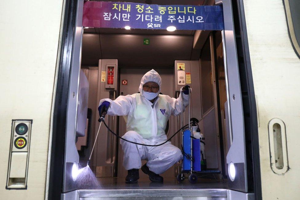 Worker disinfecting a train in Seoul