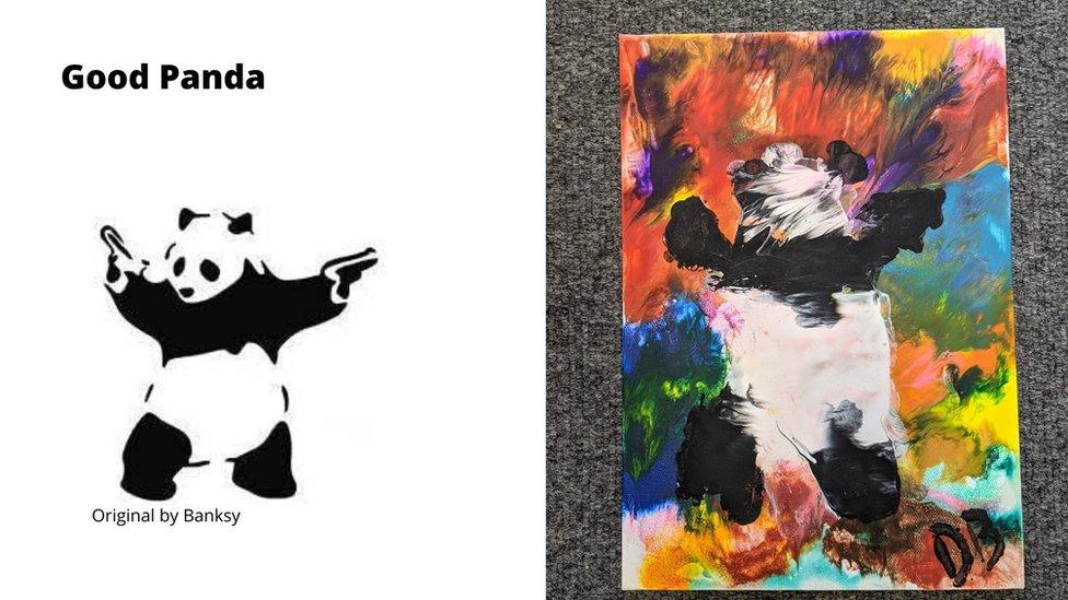 Banksy's Good Panda next to Dog Banky's version