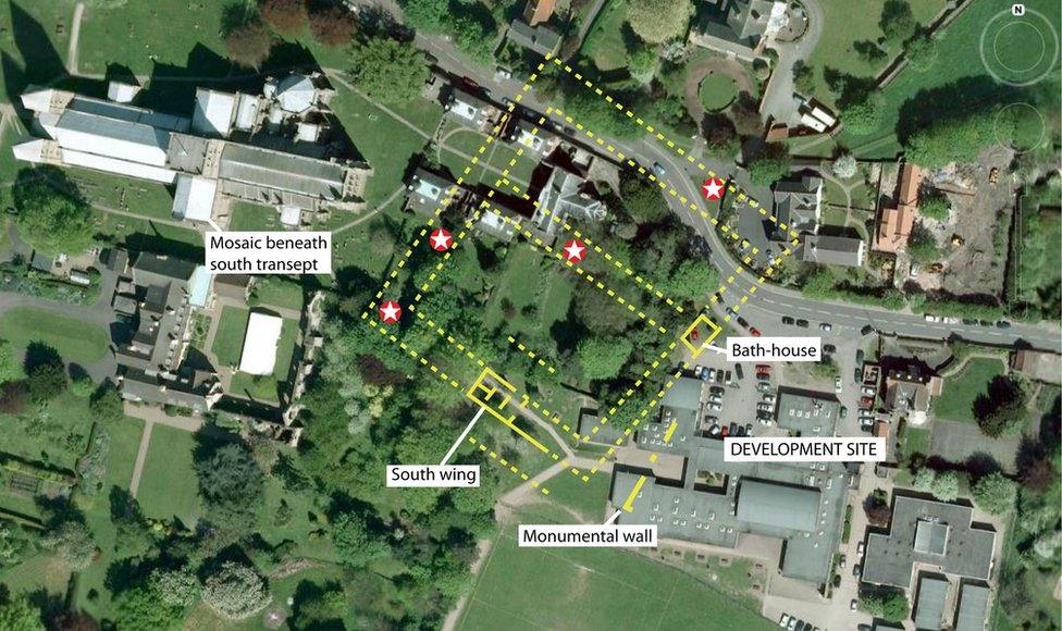 The development site in Southwell and the site of the Roman villa