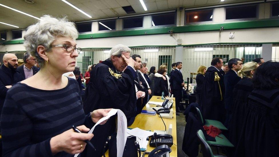 Lawyers react to the sentence read by the judges of the Third Court of Rome during the trial of South American military officers and civilians accused of collaborating in the forced disappearances and murder of Italian nationals, in a US-backed regional plan dubbed "Operation Condor. Jan 2017