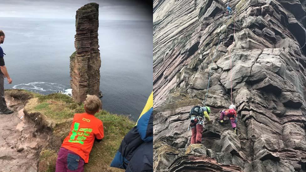 Edward Mills and Old Man of Hoy and Edward climbing