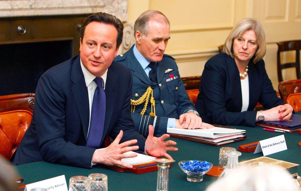 David Cameron, Sir Jock Stirrup and Theresa May in the Cabinet Room