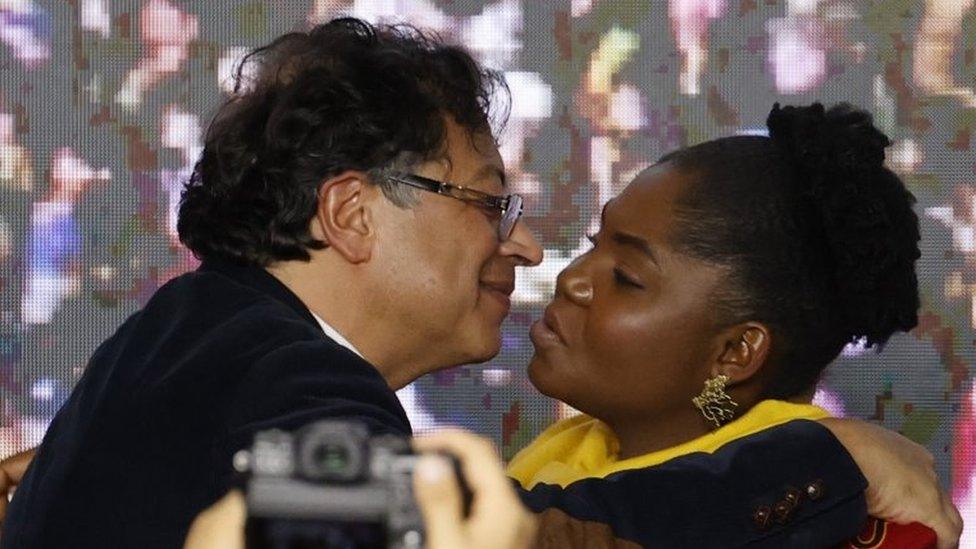 Colombian presidential candidate Gustavo Petro (L) celebrates with his vice-presidential candidate Francia Marquez (R), at the end of the election day, in Bogota, Colombia, 29 May 2022.