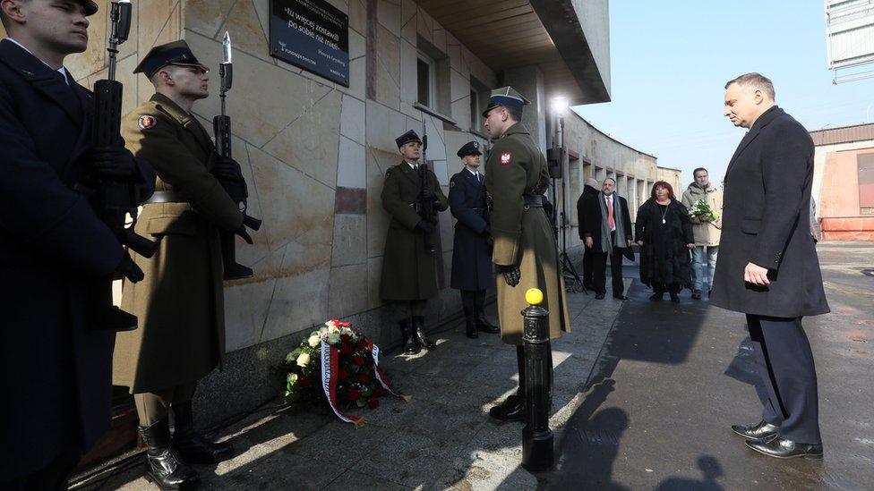 Polish President Andrzej Duda during the celebrations in front of the commemorative plaque at the University of Warsaw