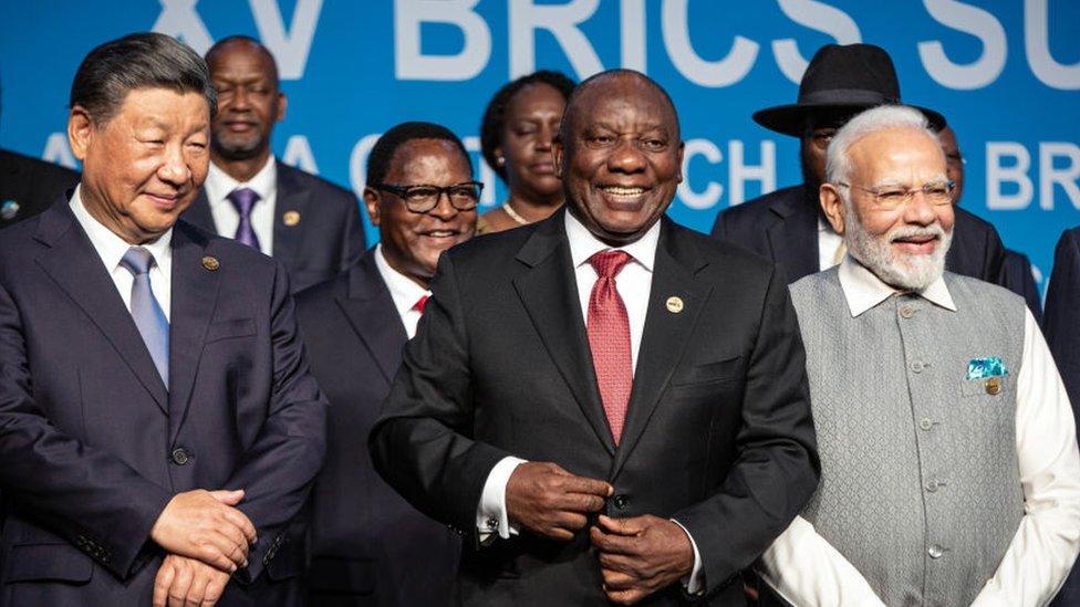 South African President Cyril Ramaphosa with fellow Brics leaders President of China Xi Jinping and Prime Minister of India Narendra Modi pose for a family photo