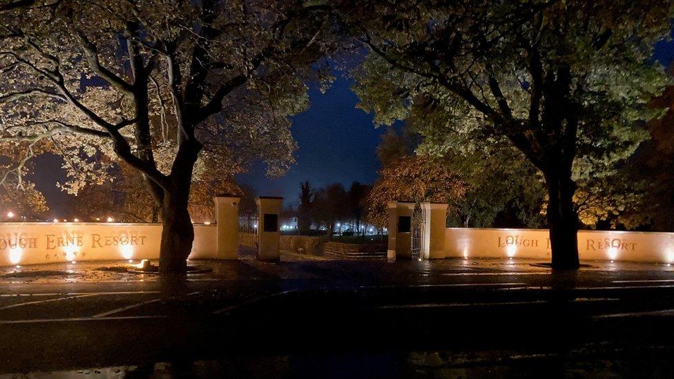 Lough Erne resort exterior gate in the dark