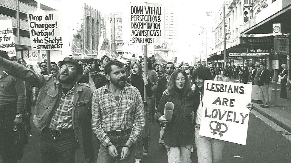 Marchers in the 1978 Mardi Gras and Gay Solidarity Group protests hold placards including "lesbians are lovely" and "down with all persecution and discrimination against gays!"