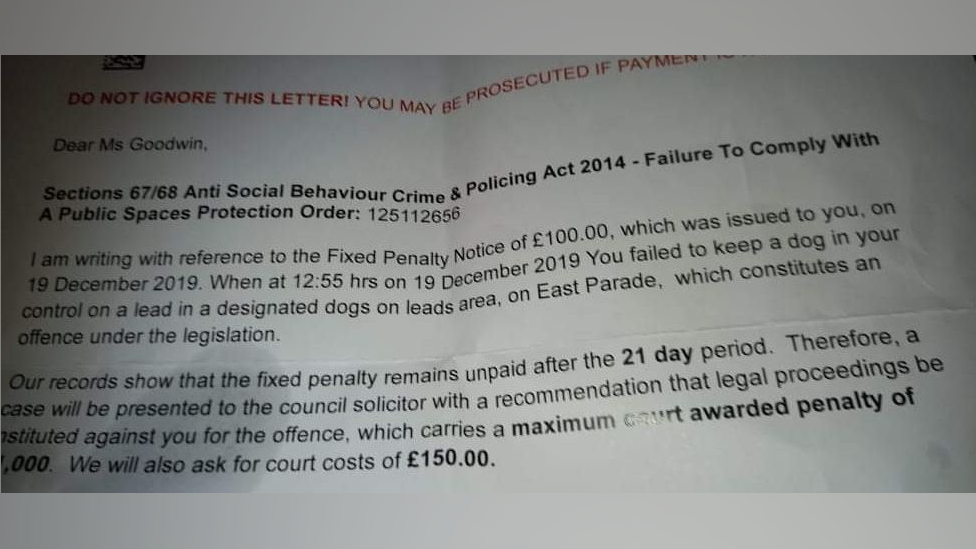 Karen Goodwin says she received a fine two years after her dog Tilly strayed onto a path where dogs must be kept on leads