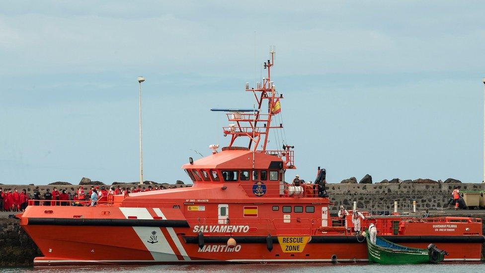 A group of 51 migrants arrive to Arrecife port after they were rescued from a boat at sea, in Lanzarote, Canary Islands