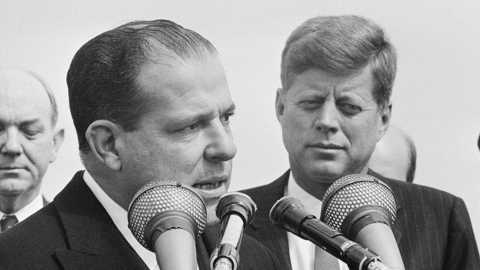 João Goulart speaks to the press at Andrews Air Force Base, standing next to him is US President President John F Kennedy. April 1962.