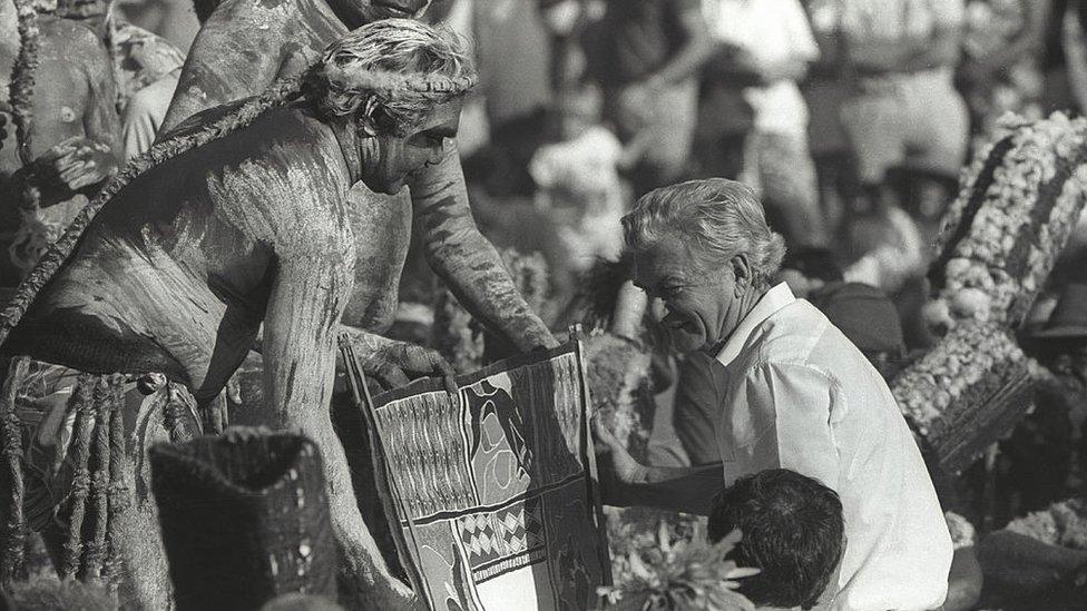 Then Australian PM Bob Hawke receives the Barunga statement requesting a treaty from Indigenous leaders in the Northern Territory in 1988