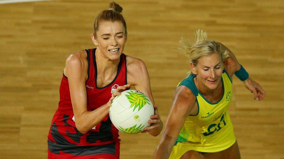 Helen Housby of England catches the ball under pressure during the Netball Gold Medal Match on day 11 of the Gold Coast 2018 Commonwealth Games at Coomera Indoor Sports Centre on April 15, 2018 on the Gold Coast, Australia.