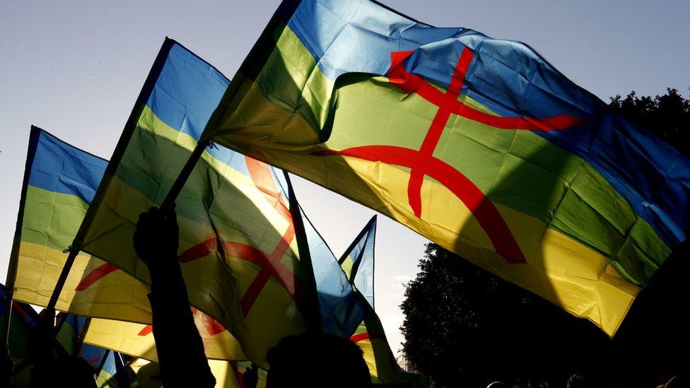 Protesters holding Amazigh flags in Rabat, Morocco - Sunday 6 November 2016