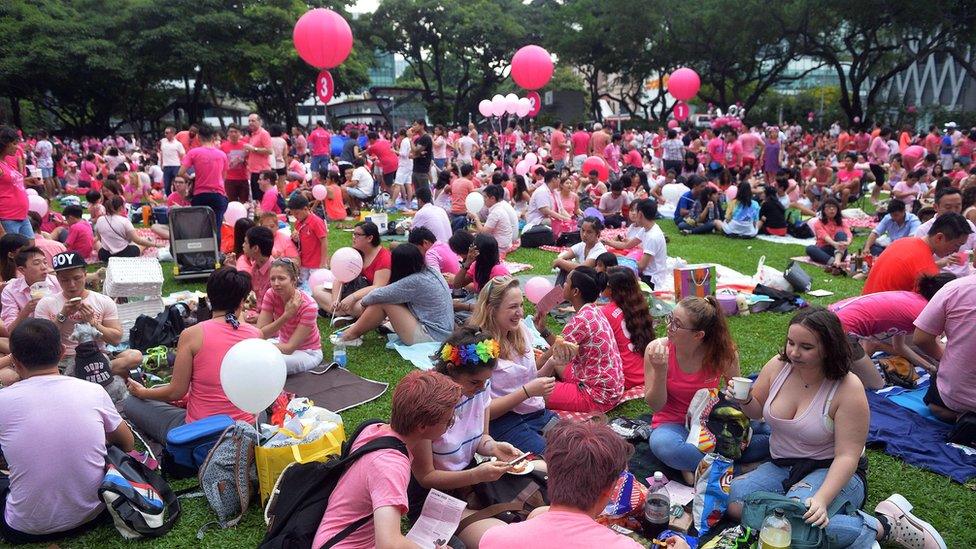 A crowd dressed in pink gathers at Hong Lim Park in Singapore to kick off the annual 'Pink Dot' event in a public show of support for the LGBT community in Singapore on June 13, 2015.