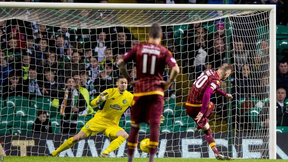 Louis Moult scores a penalty for Motherwell against Celtic