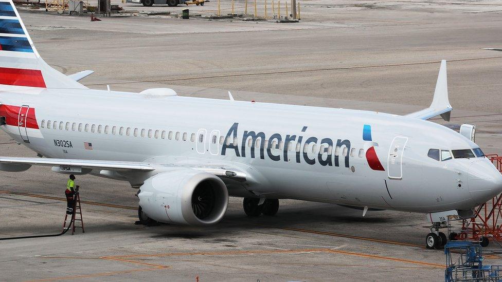 A grounded American Airlines Boeing 737 Max 8 is seen parked at Miami International Airport on March 14, 2019 in Miami, Florida.