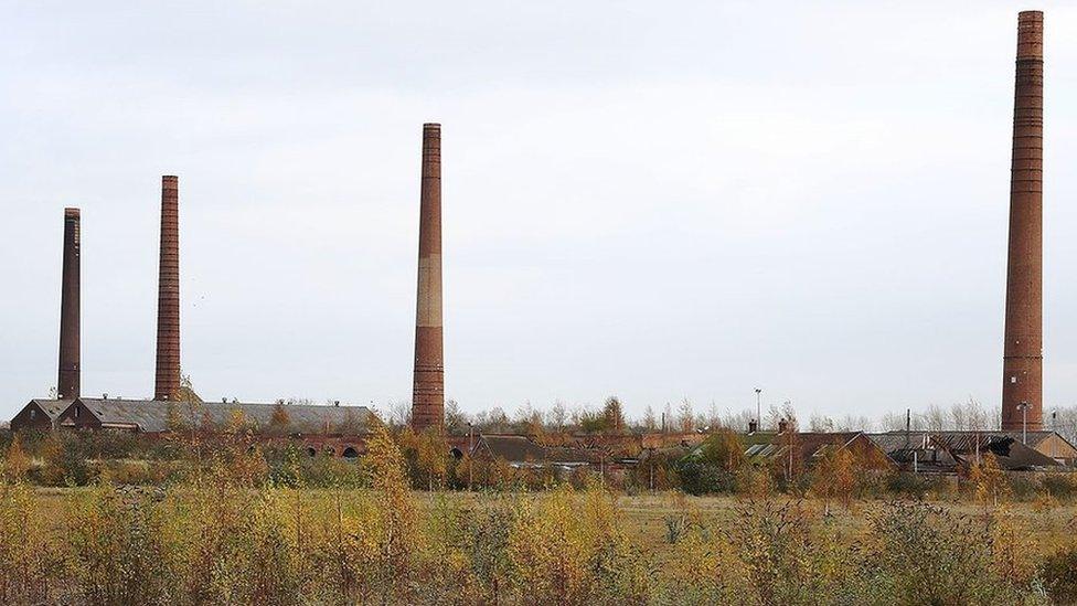 Four chimneys at the former Stewartby and Kempston Hardwick brickworks, near Bedford