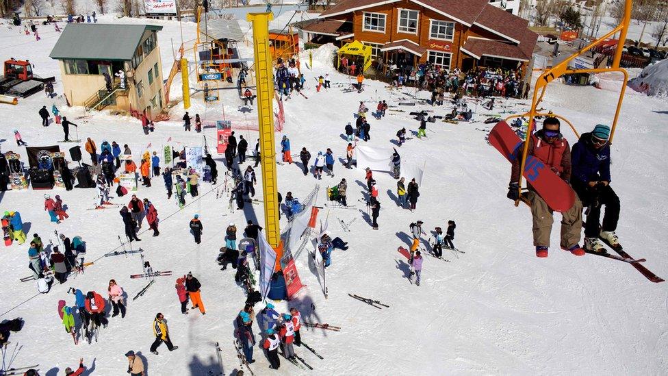 Skiers at Darbandsar ski resort, north-east of Tehran, in February 2015.