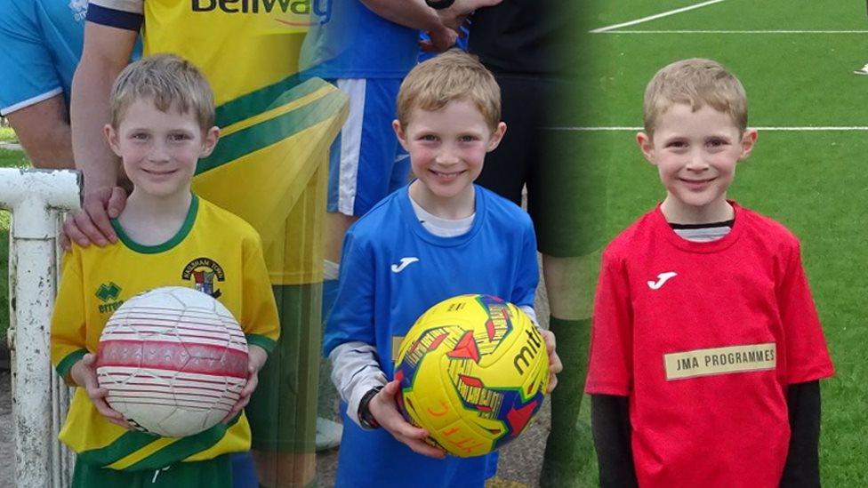 Three photos of Liam wearing different football kits in his role as mascot. He is wearing the yellow kit of Halisham Town, the blue kit of Larkhall Athletic and the red kit of Alford.