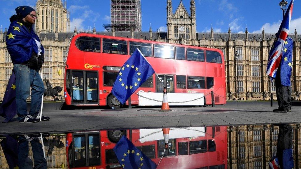 A demonstration outside of UK Houses of Parliament with EU flags