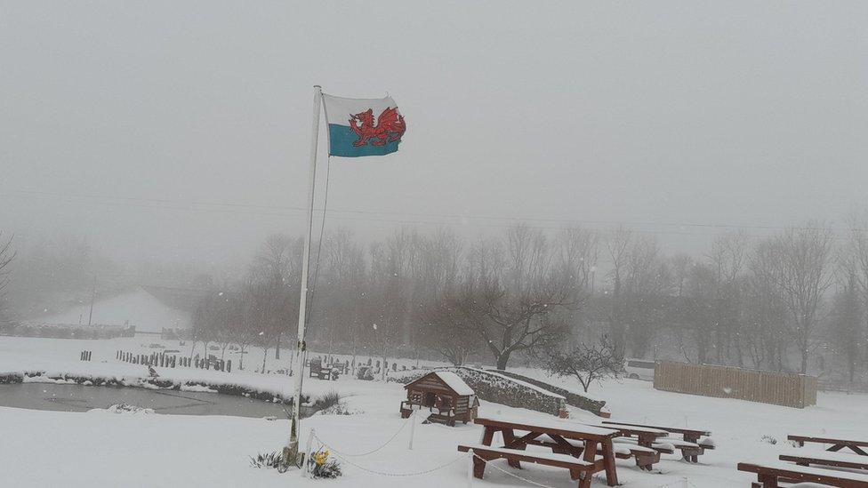 Holywell snow and Welsh flag