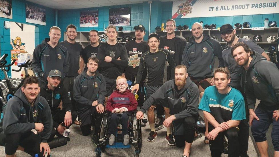 Blake with the Belfast Giants in their locker room