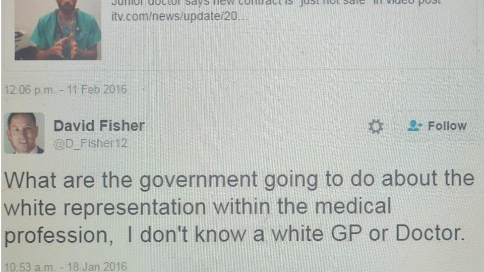 A Tweet from Councillor Fisher reading: "What are the government going to do about the white representation within the medical profession, I don't know a white GP or doctor"