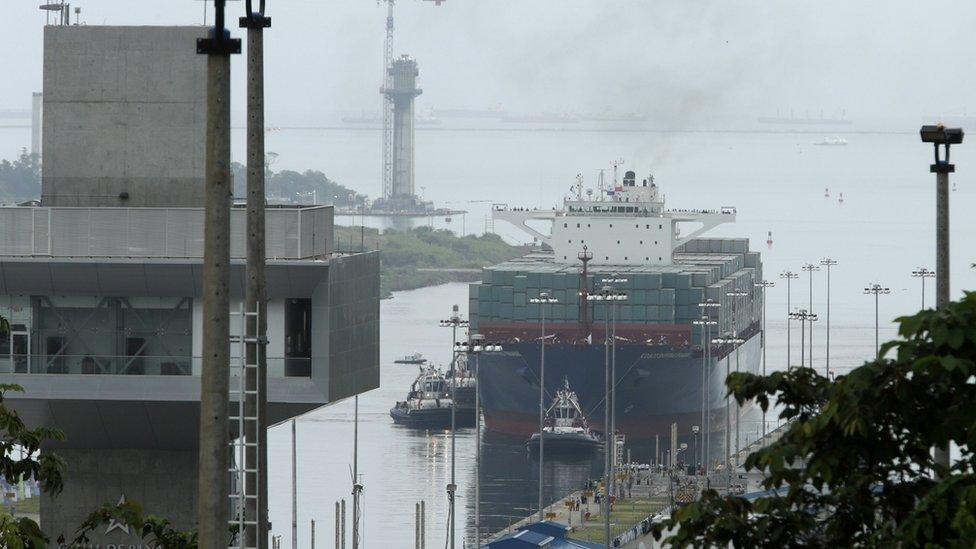 ship approaches new Agua Clara locks, part of the Panama Canal expansion project,