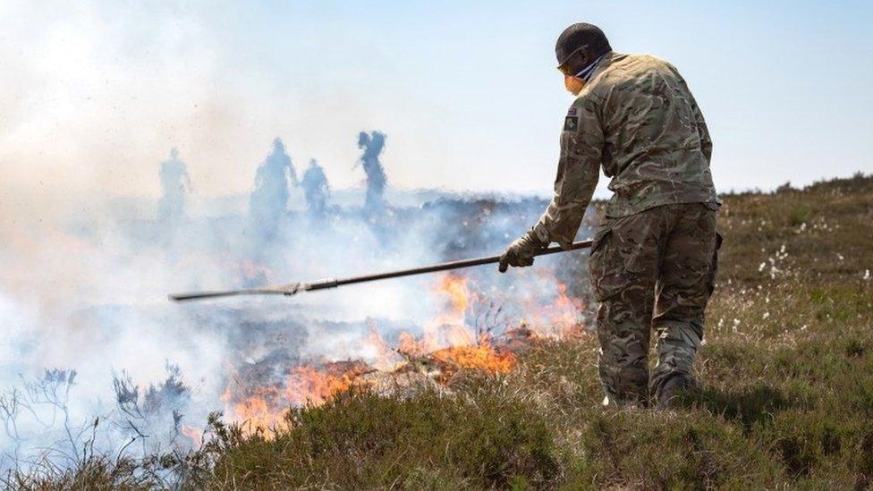 The military and firefighters tackle a wildfire near Saddleworth Moor