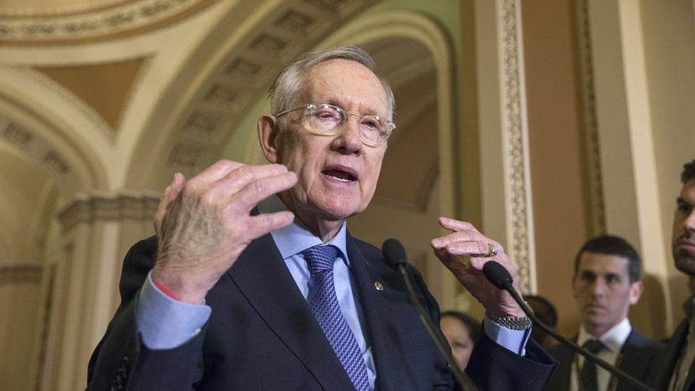 Senate Minority Leader Harry Reid of Nev. expresses his frustration with the Republican leadership during a news conference following a meeting on Capitol Hill in Washington, 1 December 2015