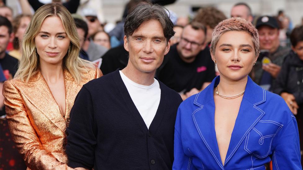 Emily Blunt, Cillian Murphy and Florence Pugh, arrives for the photo call for Oppenheimer at Trafalgar Square in London. Picture date: Wednesday July 12, 2023