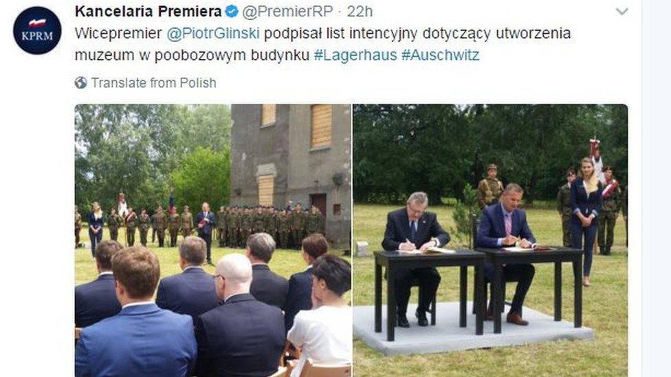 A tweet showing Deputy Prime Minister Piotr Glinski signing a letter for the creation of a new museum at Auschwitz