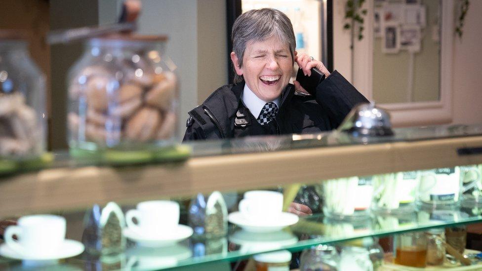 Cressida Dick visits a café during a patrol with local officers in Chingford, Essex, ahead of her last day as chief of the Met on 10 April